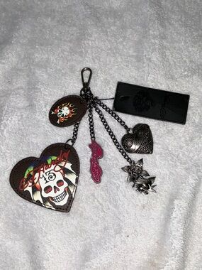 Ed Hardy Brown Heart Skull Multi-Charm Keychain with Pink Logo Accent